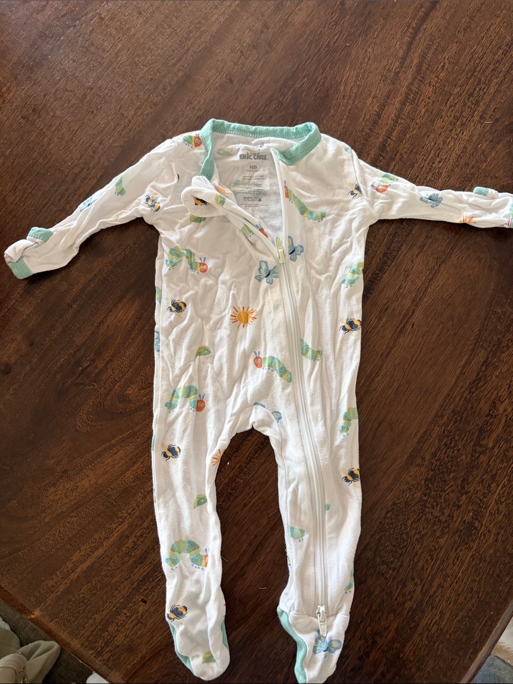 Kyte BABY White Footed One-Piece with Green Trim and Colorful Animal Prints